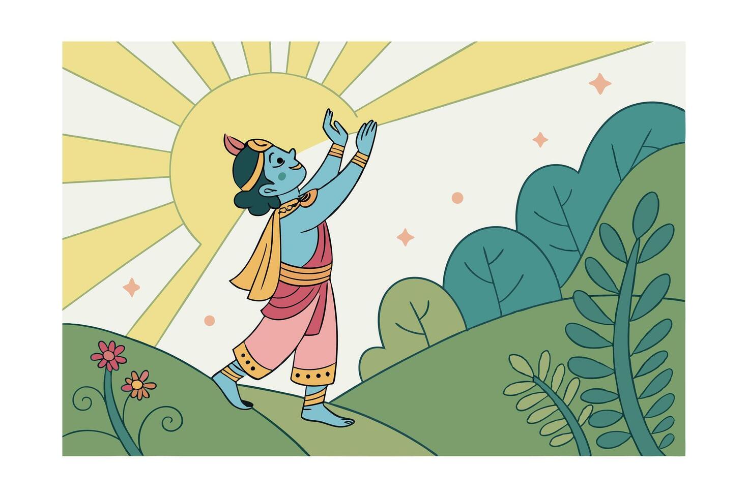 Young Krishna Sunrise Devotion Nature Hilltop Peaceful Spiritual Art vector