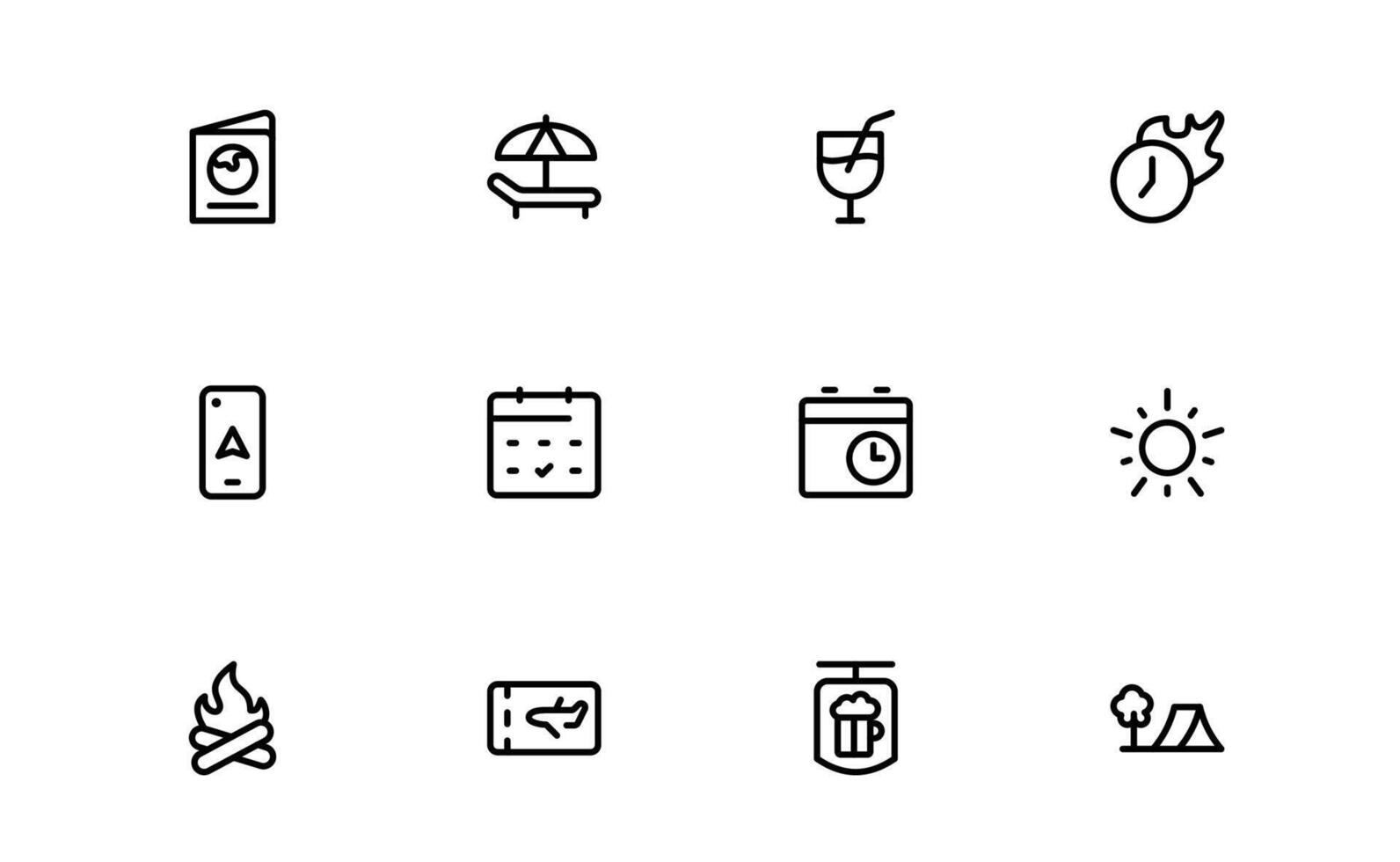 Vacation and Travel Icon Collection. High-Quality, Editable Icons for Trip Planning, Exploration, and Travel Experiences vector