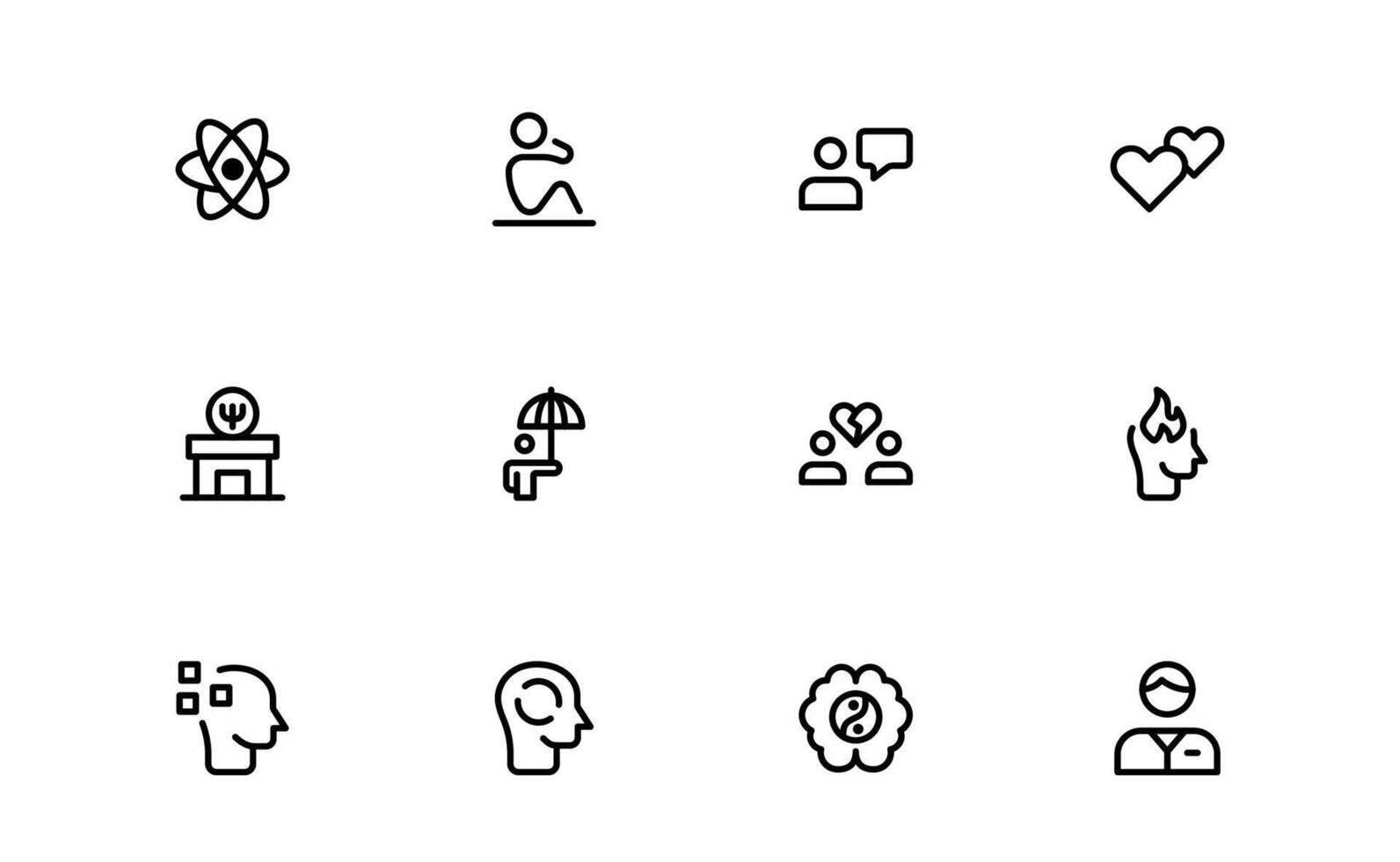 Professional Psychology and Mental Health Icons Set. Essential minimal line Icons for Therapy, Counseling, and Mental Wellness vector