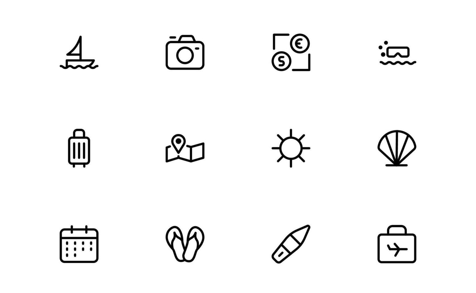 Premium Vacation and Travel Icon set bundle. High-Quality Icons for Trip Planning, Exploration, and Travel Experiences vector