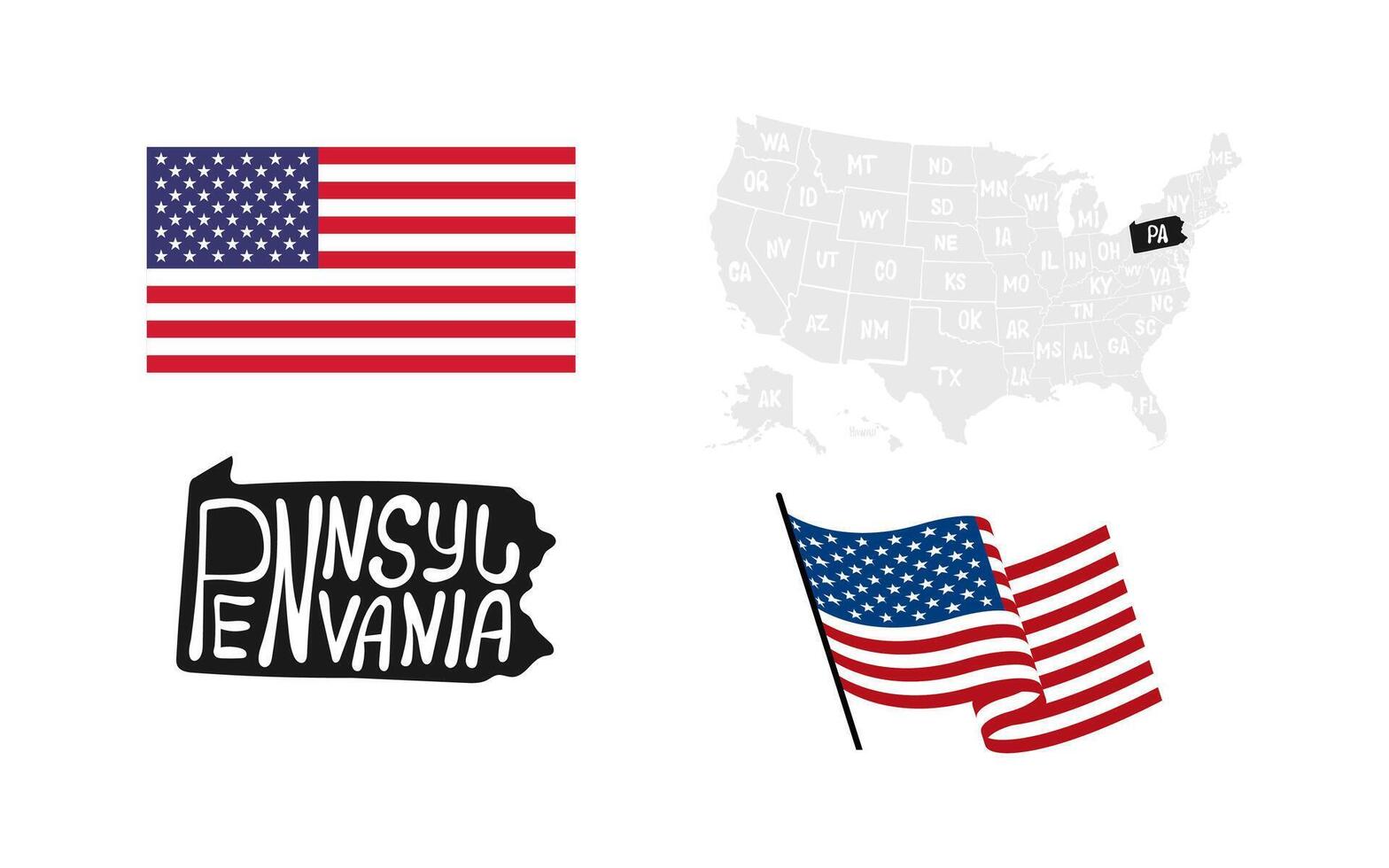 Pennsylvania State. USA flag. Map of the USA vector
