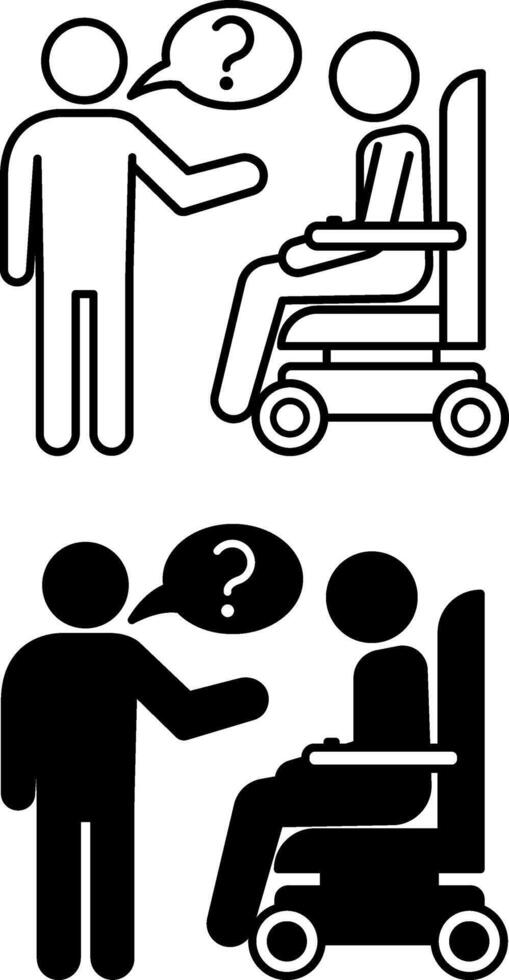 Assistance Icons. Black and White Illustrations. Medical Help. Man Asking Question To Sick Man In Wheelchair. Disability Concept vector