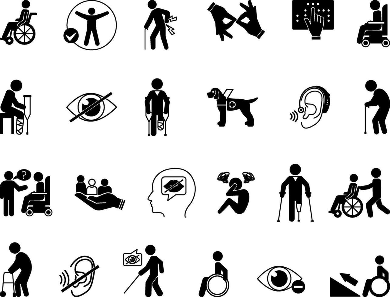 Black Disability Icon Set. Illustrations Wheelchair, Crutches, Blindness, Deafness, Sign Language, Inclusion, Speech Impairment, Mental Illness, Ramp, Hearing Aid, and More vector