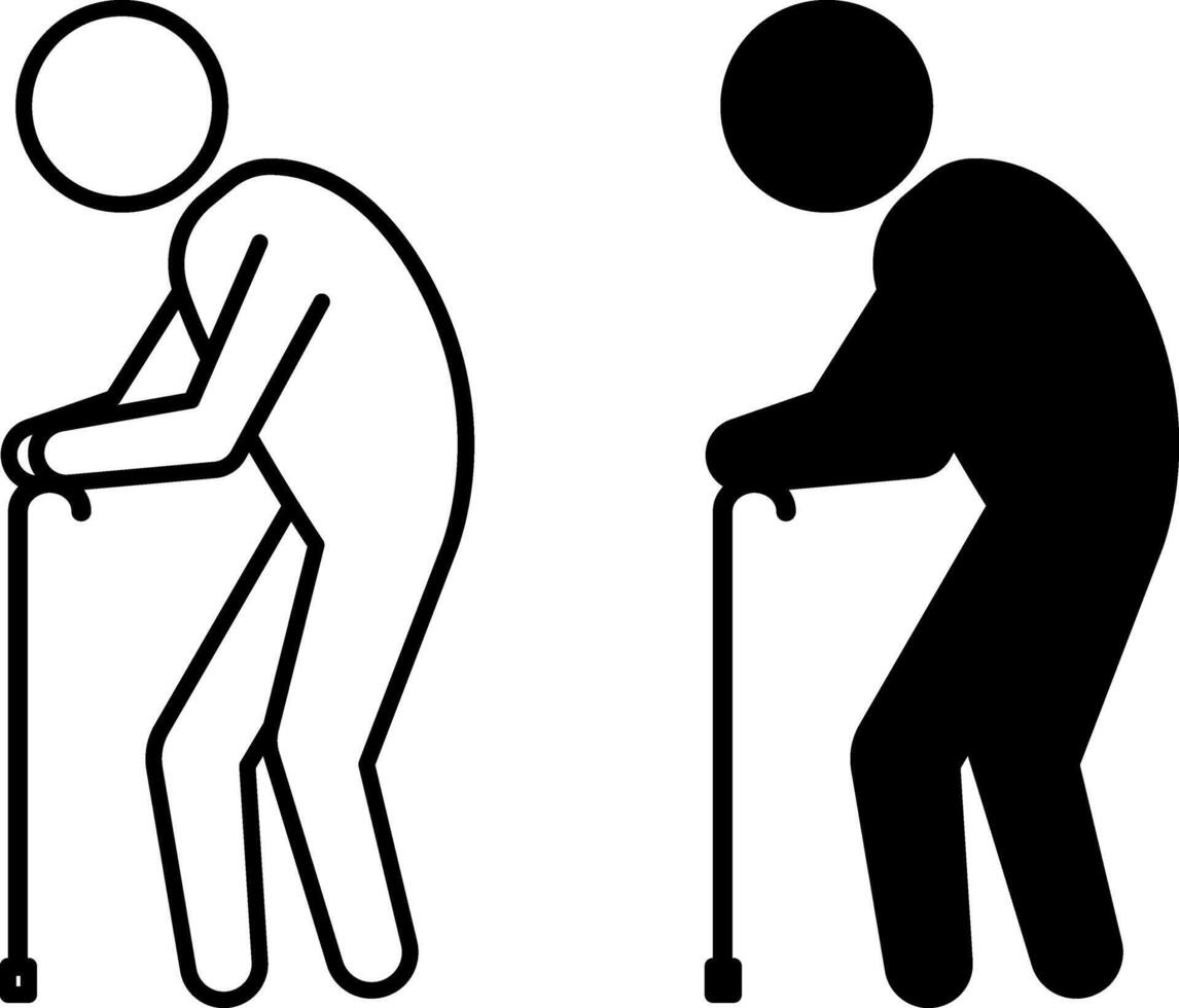 Cane Icons. Black and White Illustrations. Bent Old Man Leaning on Cane. Illness, Medicine. Disability Concept vector