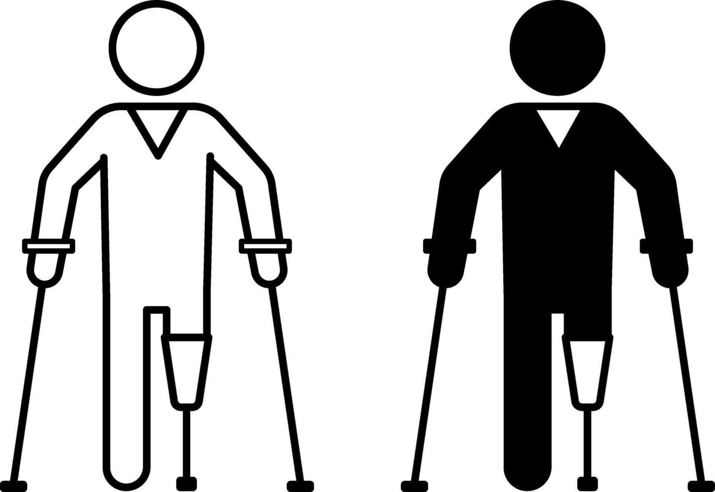 Amputee Icons. Black And White Illustration. Person Without Leg And On Crutches. Removal Of Limb By Surgery Or Trauma. Disability Concept vector