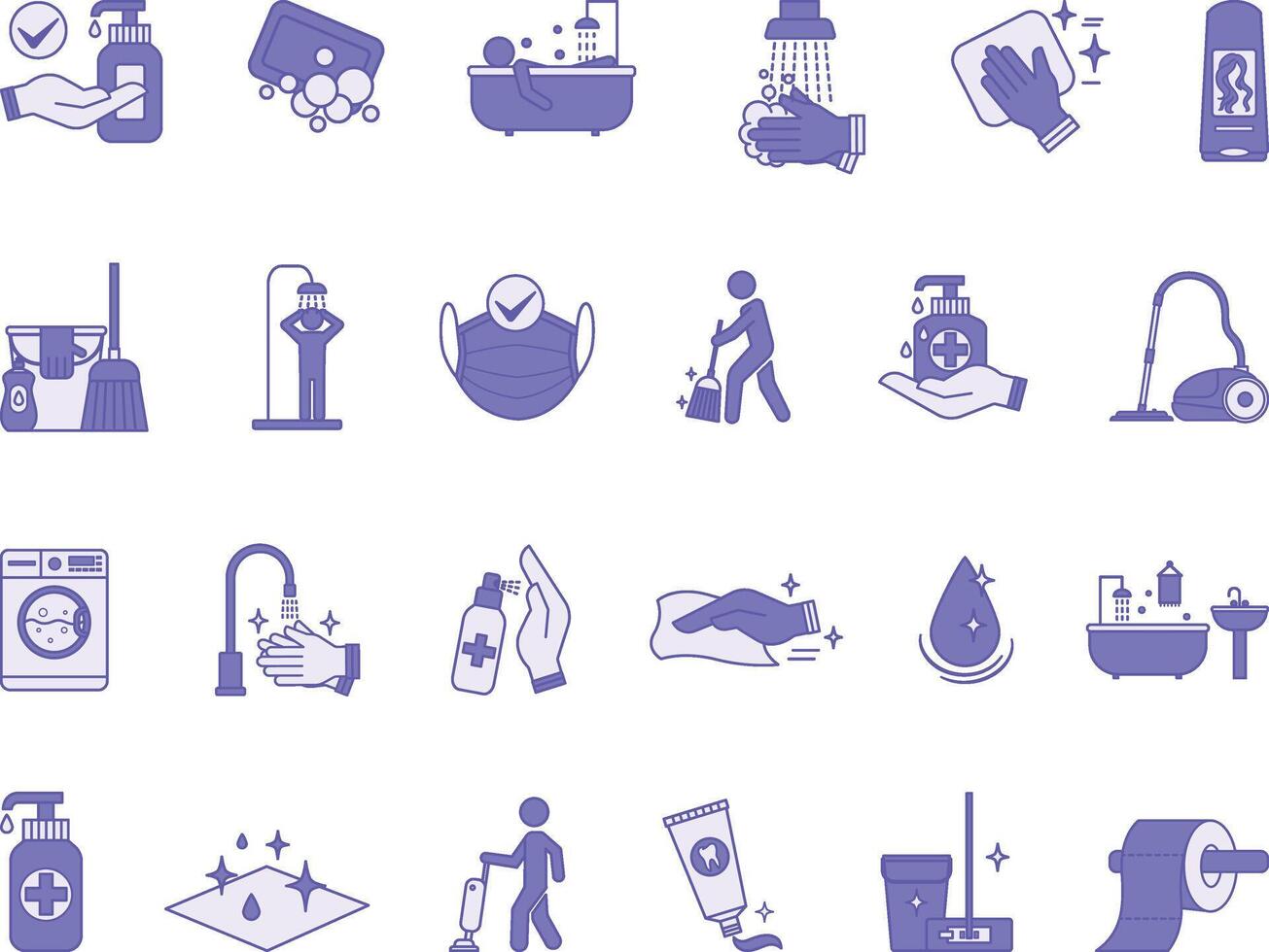 Colored Hygiene Icon Set. Illustrations Cleanliness, Disinfection, Cleaning, Soap, Sweeping, Mop, Bathing, Vacuum Cleaner, Sanitation, Hand Washing, Toilet Paper, Antiseptic, and More vector
