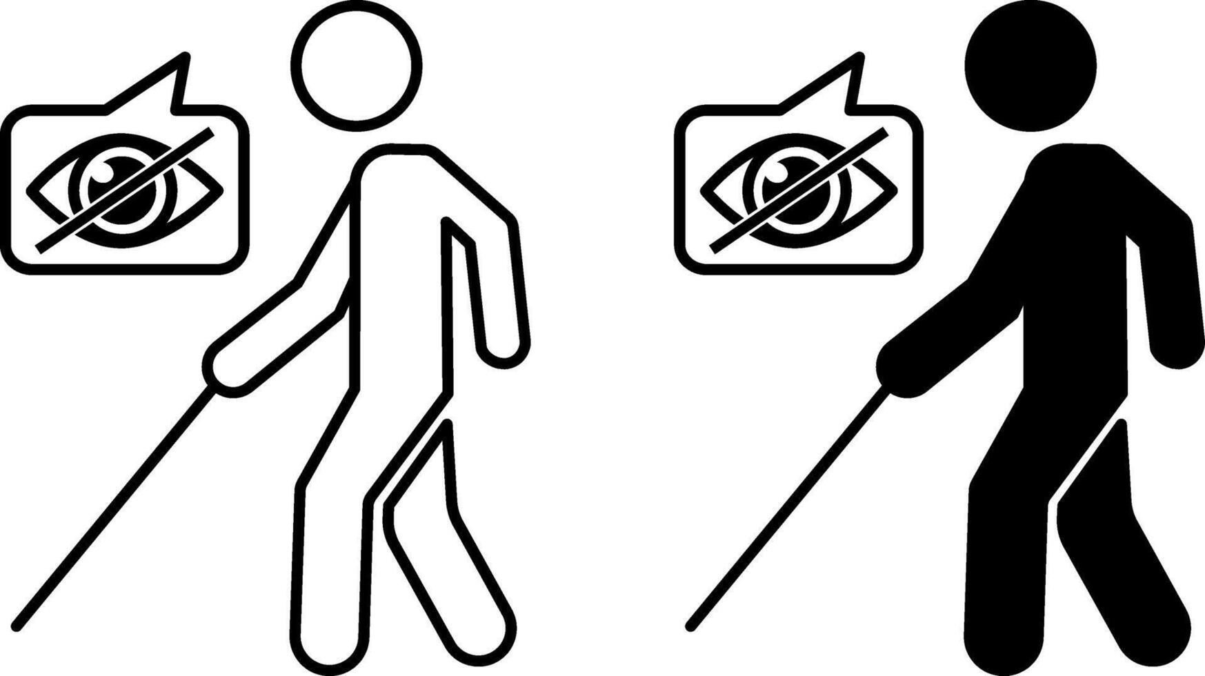 Blind Icons. Black and White Illustration. Blind Man Walking with Cane. Human Eye. Illness, Medicine. Disability Concept vector
