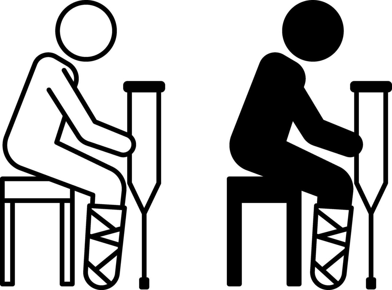 Broken Leg Icons. Black and White Illustration. Man Sitting On Chair With Plaster On Leg. Injury, Illness, Medicine. Disability Concept vector