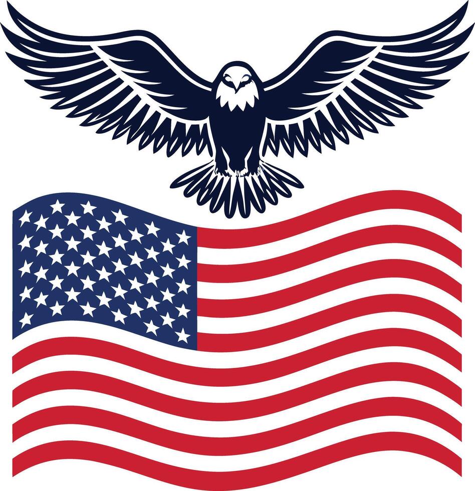 American Eagle Over Waving Flag Bold 4th of July Symbol, American bald eagle flying, USA flag and eagle vector