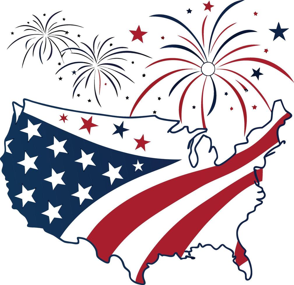 USA Map , 4th of july fireworks isolated on white background, celebration, wallpaper, modern, border, for social media posts, website, banner, cards, poster, Independence day, vector