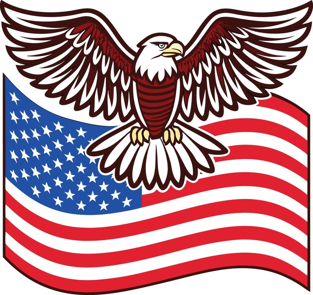 American Eagle Over Waving Flag Bold 4th of July Symbol, American bald eagle flying, vector