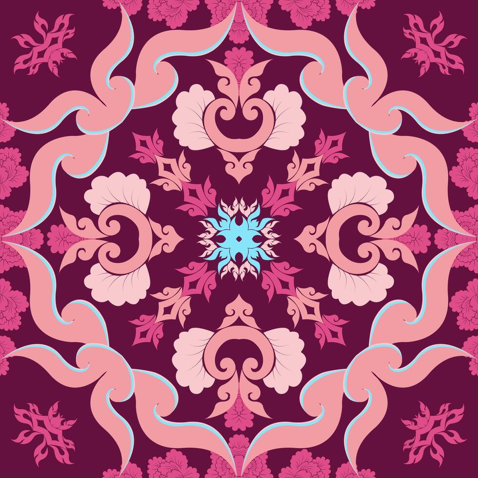 Pink mandala fabric pattern with elements from traditional Thai floral patterns in a circle. vector