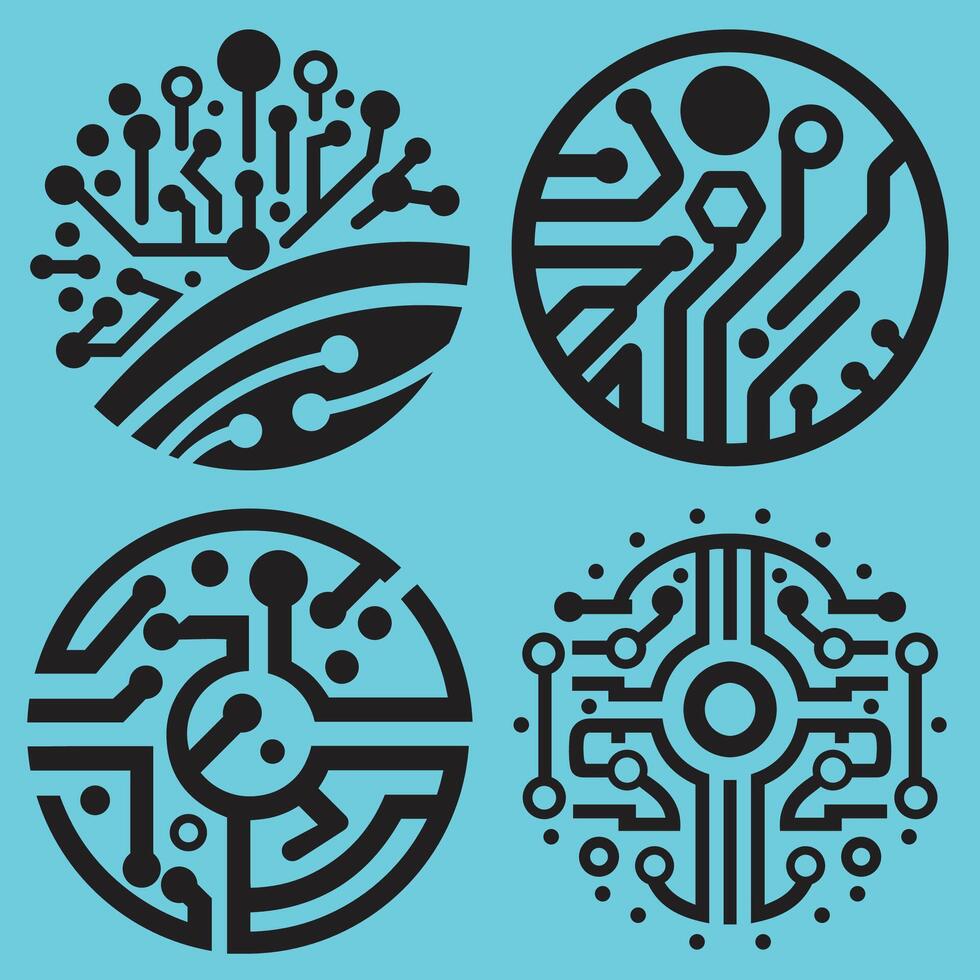 Silhouette Futuristic Human Faces and Heads Integrated with Circuitry Design, Illustration vector