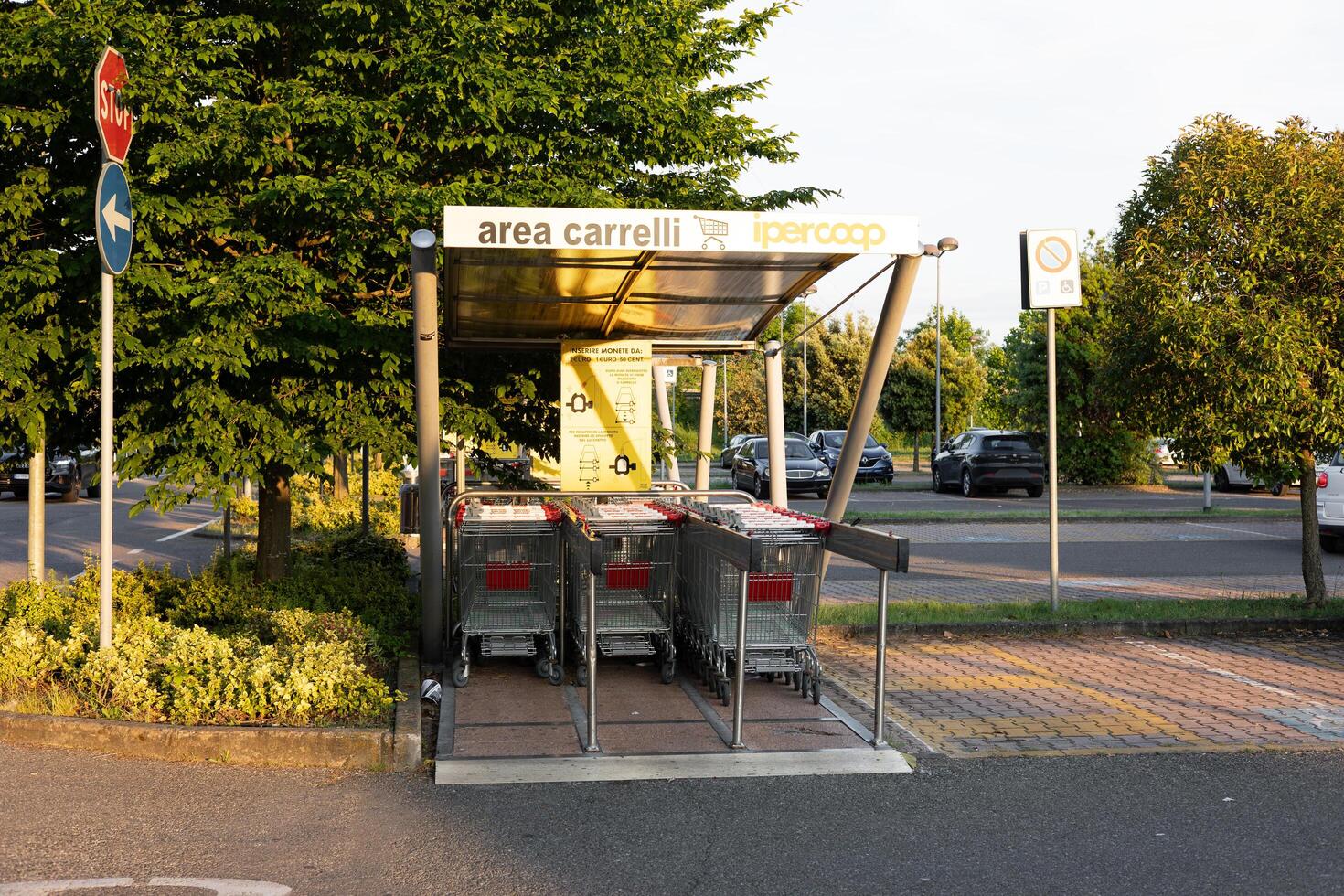 Piacenza, Italy - May 11, 2025 Rows of neatly arranged shopping carts sit under a covered area in a supermarket parking lot, awaiting customers enhancing convenience in retail space photo