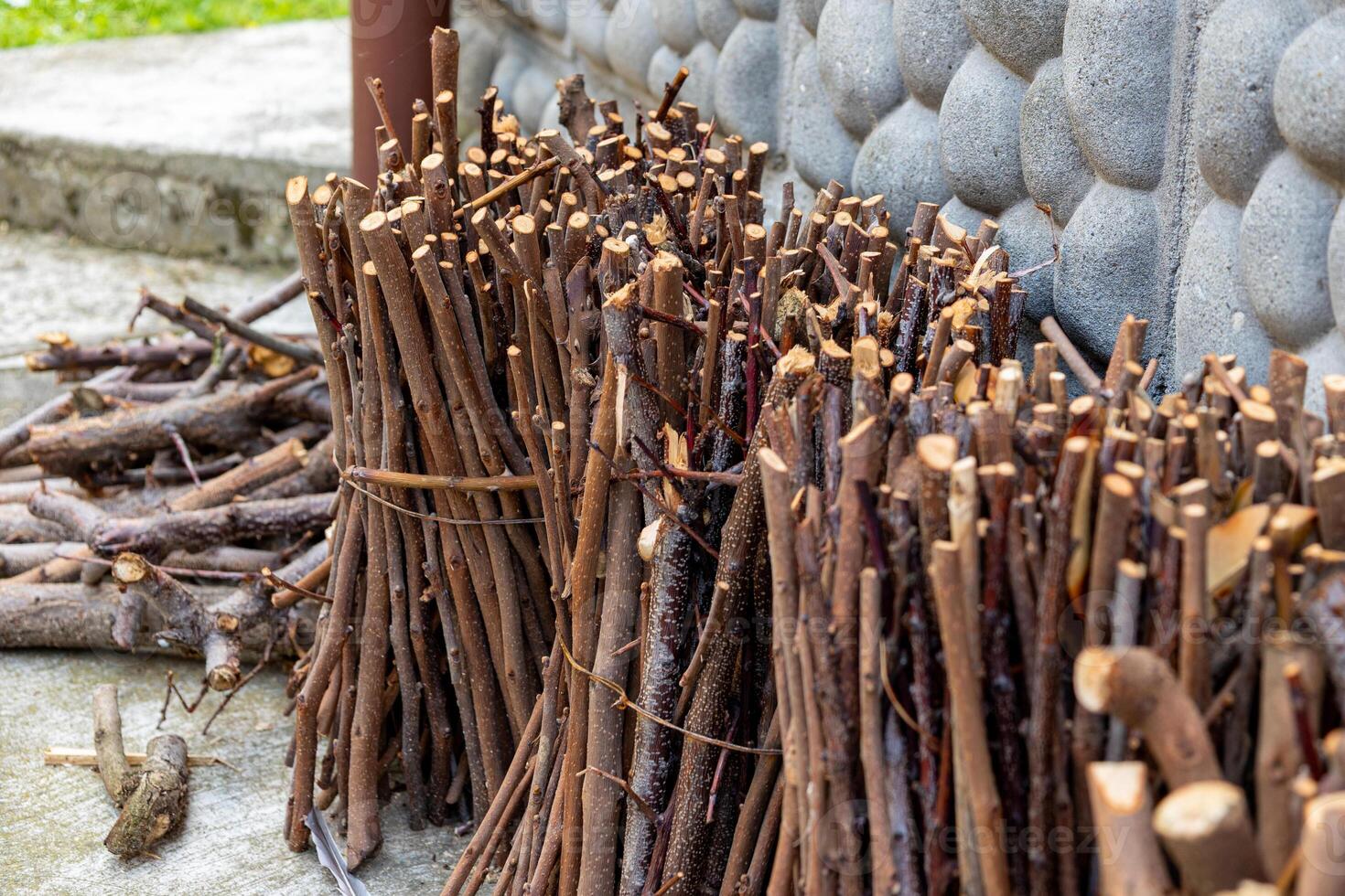 Bundles of firewood drying near a stone wall photo