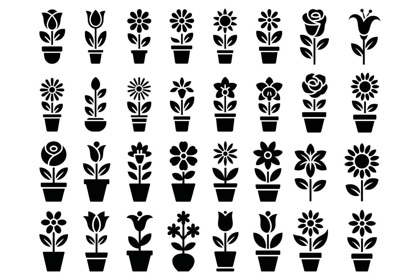 Collection of potted flower icons isolated on white background vector