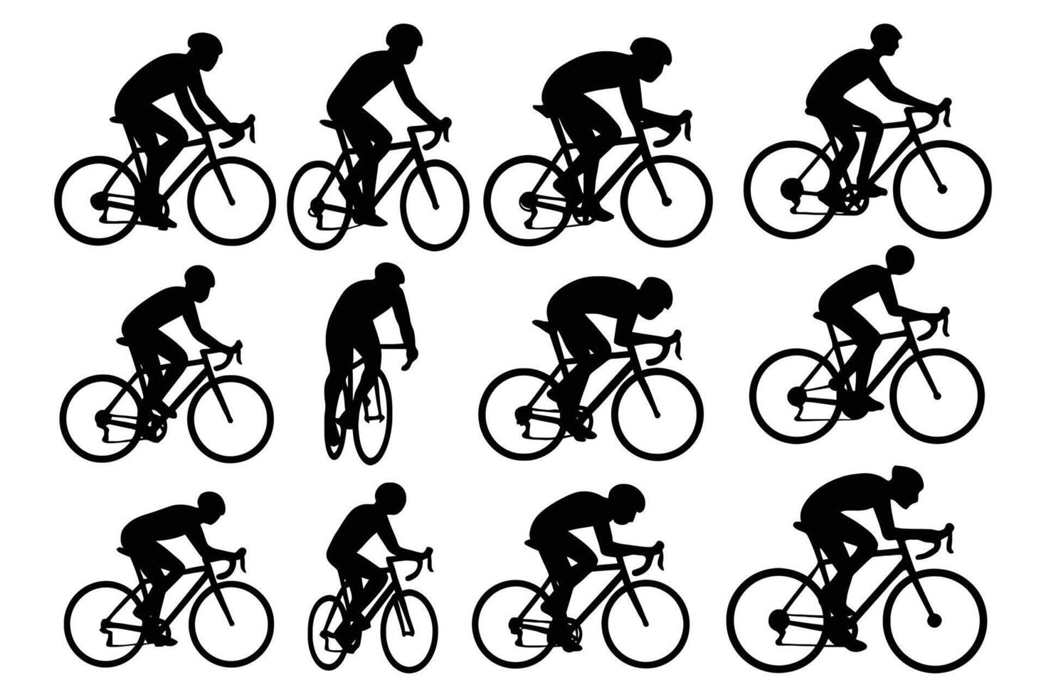 Twelve cyclist silhouettes riding bikes isolated on white background vector