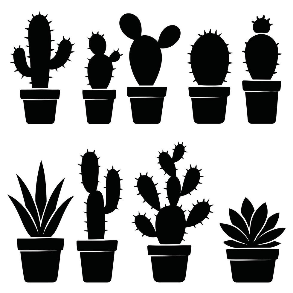 Ten cactus and succulent silhouettes isolated on white background vector