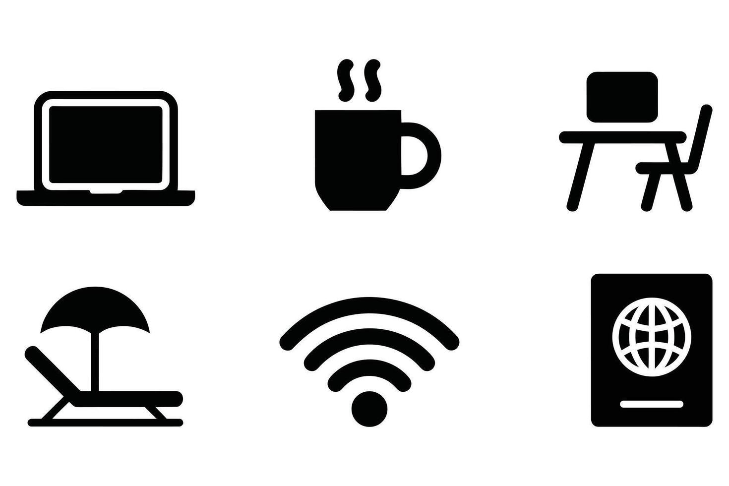 Six black travel and work icons isolated on white background vector
