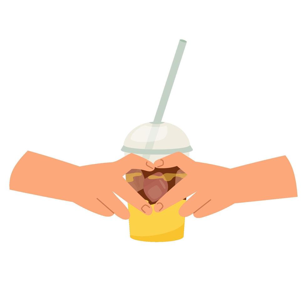 Hands making heart shape over plastic cup with iced coffee and orange juice. Gesture of love for cold drinks. Design element for card, banner, poster, print. Trendy bumble coffee illustration vector