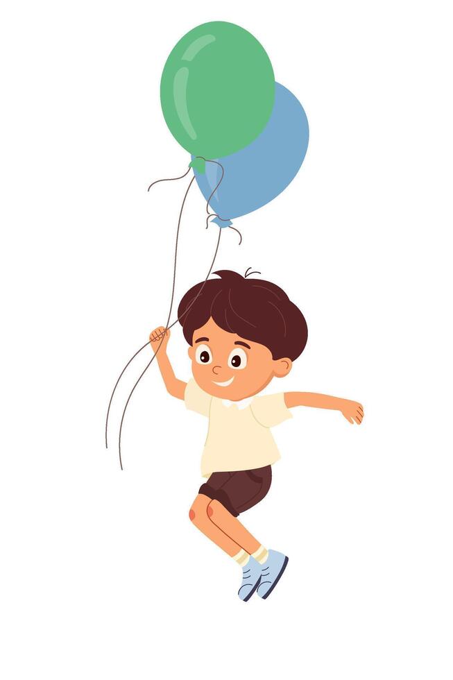 Little boy jumping with balloons Cheerful child character playing with ballon Cartoon design element for kids celebration design, greeting cards, poster, flyer party illustration vector