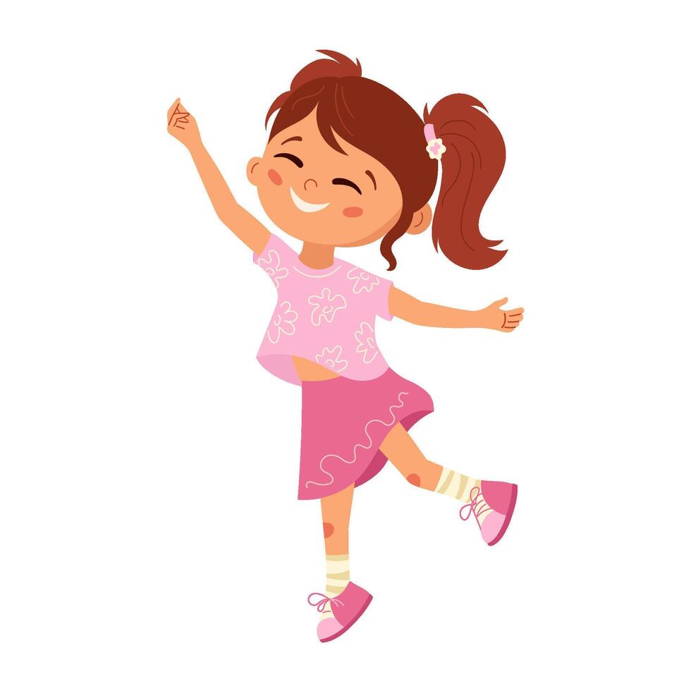 Happy girl in pink outfit jumping and dancing Cute cartoon smiling child having fun. Fun childhood character. Joyful illustration for kids card, banner, poster, print, design element vector