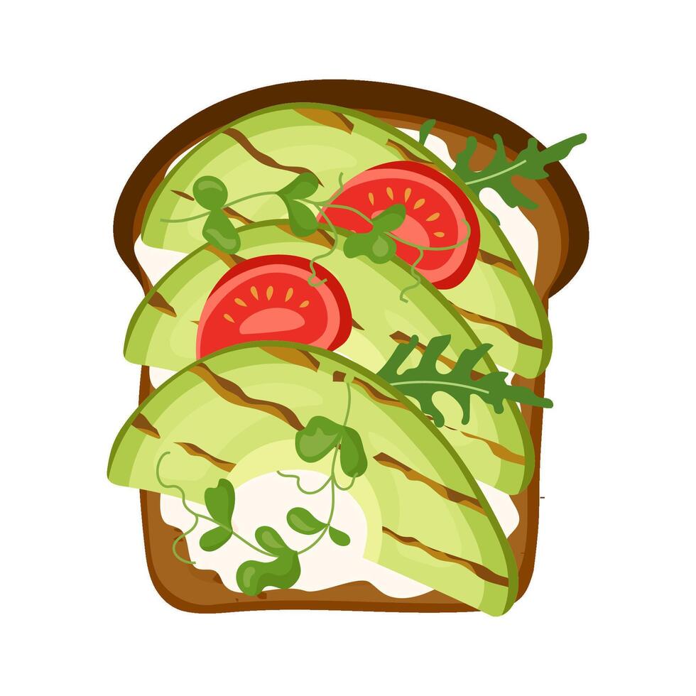 illustration of healthy toast with grilled avocado slices, tomatoes, arugula and cream cheese Nutritious vegan breakfast or snack. Perfect for card, banner, poster, print or food design element vector