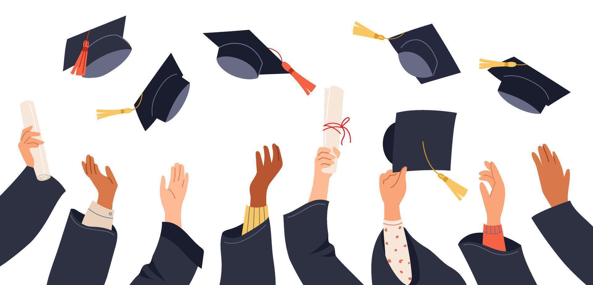 Happy moments of celebration finishing college Hands in academic gowns holding diploma, throwing up graduation caps Symbol of success, achievement design for education themed invitation, banner vector