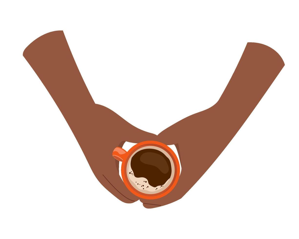 Hands making heart shape over cup of coffee. Gesture of love for cozy morning ritual and warm drink. Design element for cafe menu, banner, coffee poster, print. Hands with espresso illustration vector