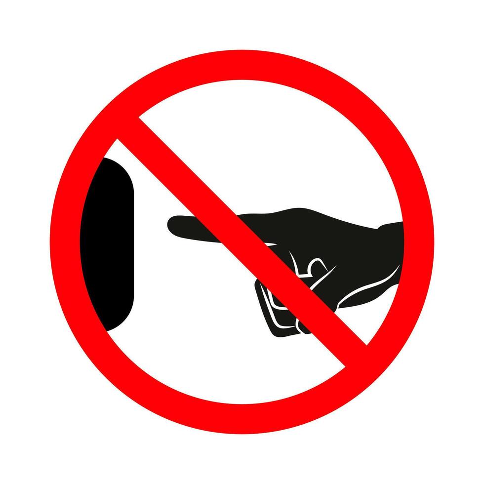 Do Not Touch Sign Illustration. A illustration of a prohibition sign featuring a black silhouette of a human hand reaching out towards a button or surface. vector