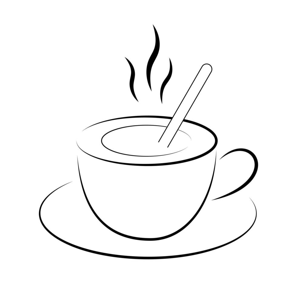 Hot Cup of Coffee with Spoon Illustration. A clean and minimalist black and white illustration of a steaming hot beverage in a cup with a saucer. vector