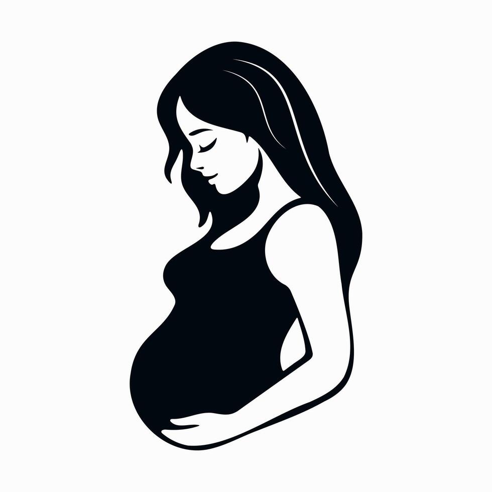 Silhouette of a Pregnant Woman in Profile Illustration. The woman is shown gently holding her baby bump with both hands, with her head bowed slightly and eyes closed. vector