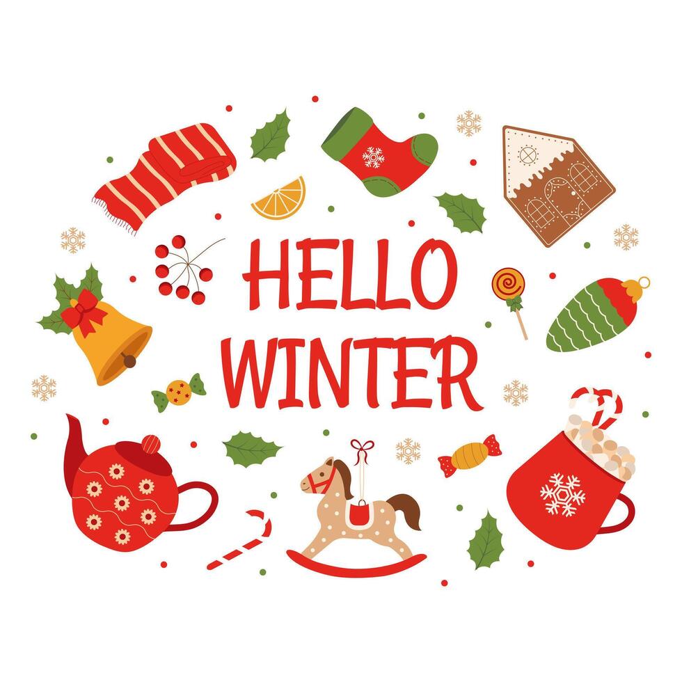 Christmas winter wreath with lettering and winter elements. vector