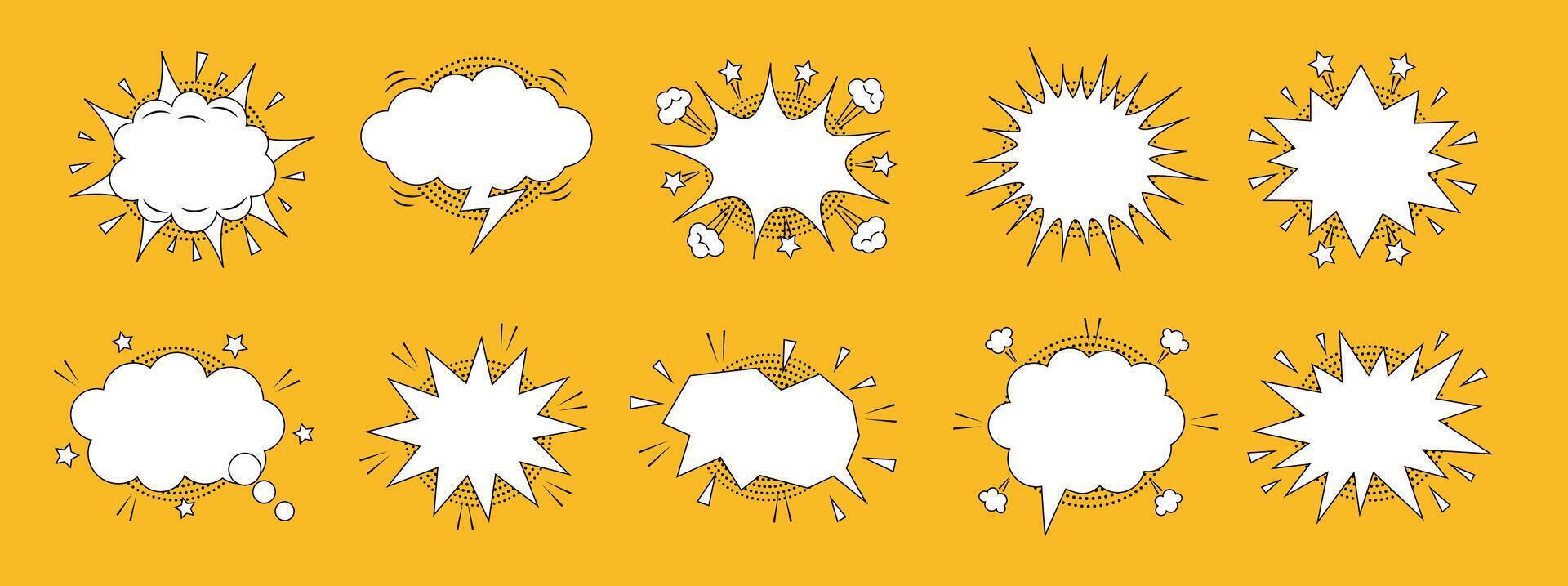 Set of speech bubbles. Retro empty comic speech bubbles with black halftone shadows set. Vintage, retro, pop art style. vector