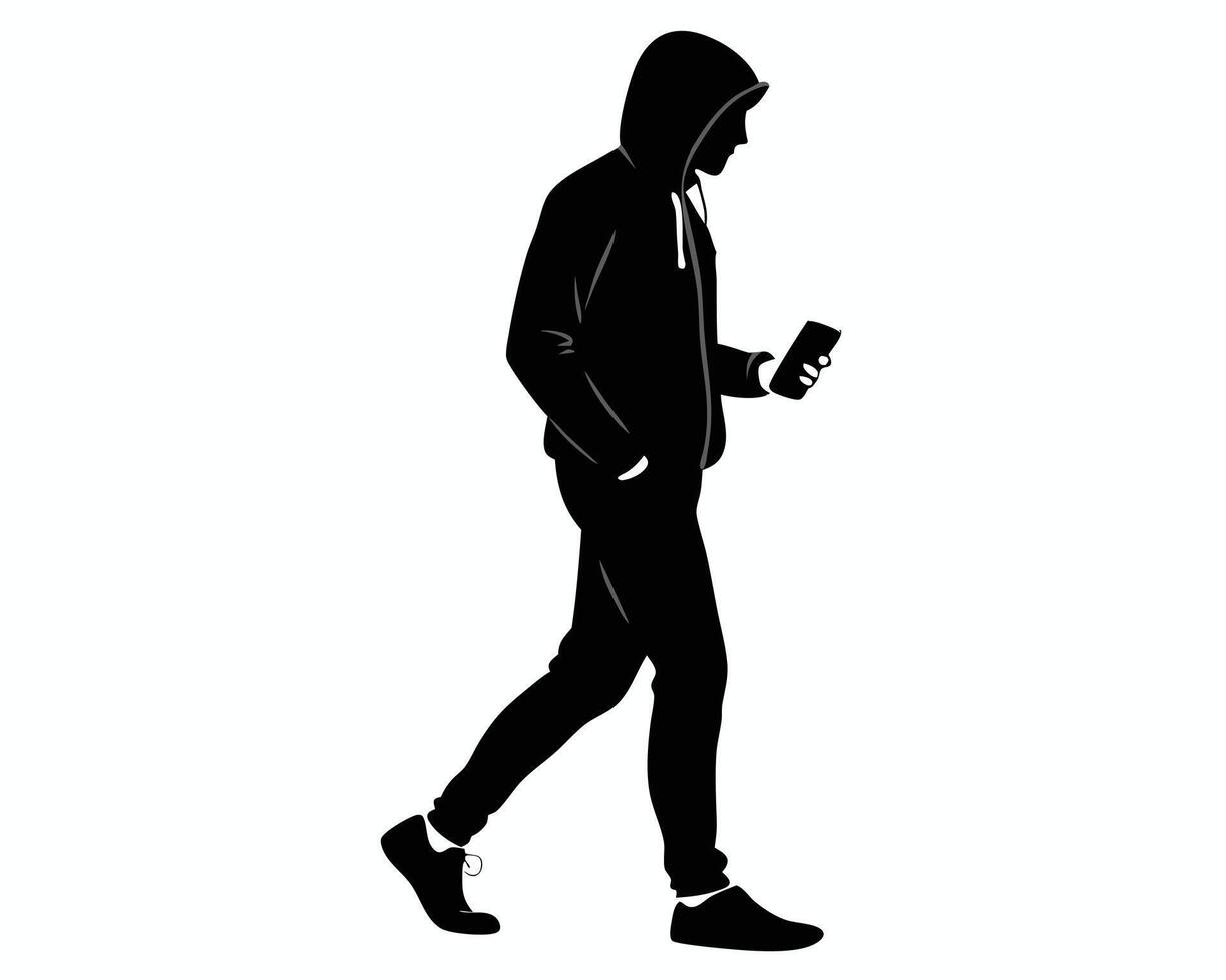 Silhouette of a person walking while looking at a mobile phone screen vector