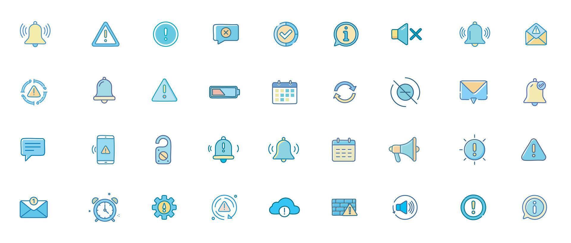 Notification and Alerts Color Icon Set Minimal Icons of Warnings, Reminders, System Messages, and User Notifications vector