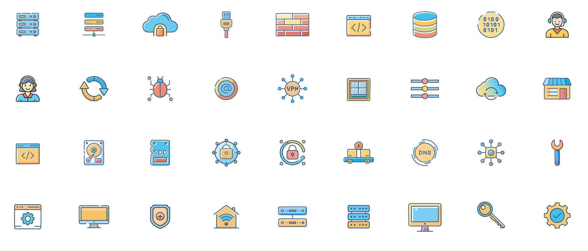 Information Technology Flat Color Icon Set Modern Icons of Servers, Networks, Software, and IT Infrastructure vector