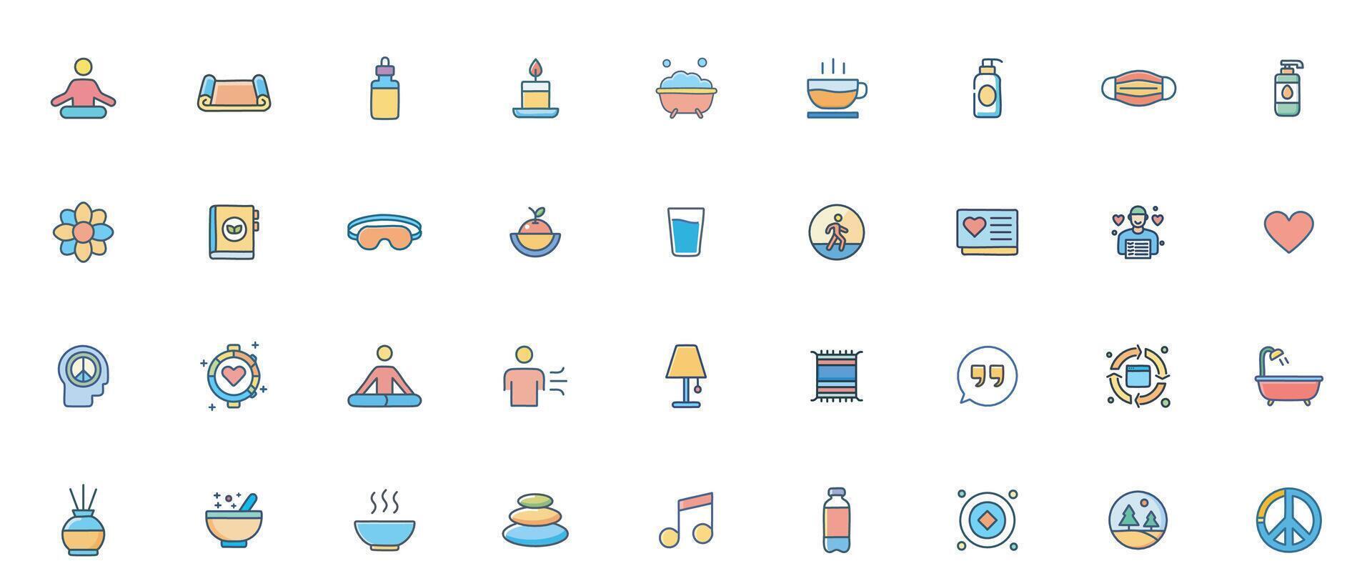 Wellness and Self Care color Icon Set Minimal Outline Icons for Relaxation, Mental Health, and Personal Wellbeing vector