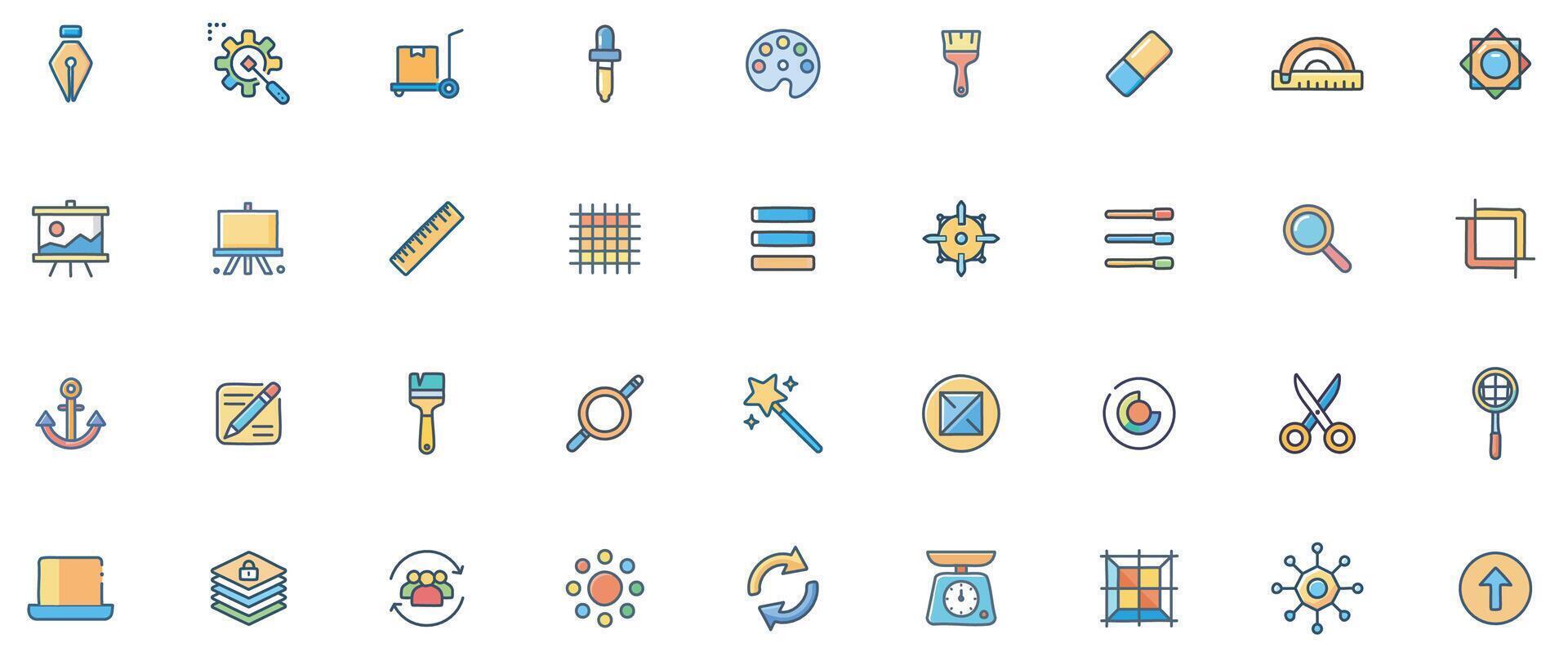 Design Tool Flat Color Icon Set Creative Icons of UI Tools, Drawing Equipment, and Graphic Design Elements vector