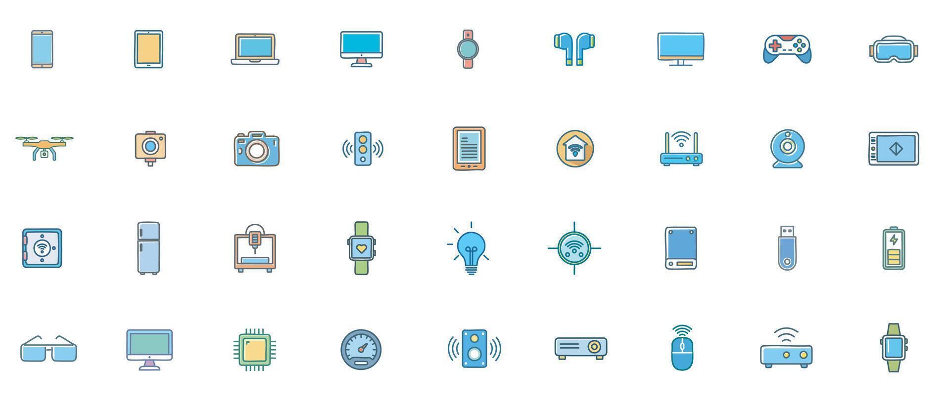 Electronic Device Flat Color Icon Set Modern Icons of Smart Gadgets, Consumer Electronics, and Digital Devices vector