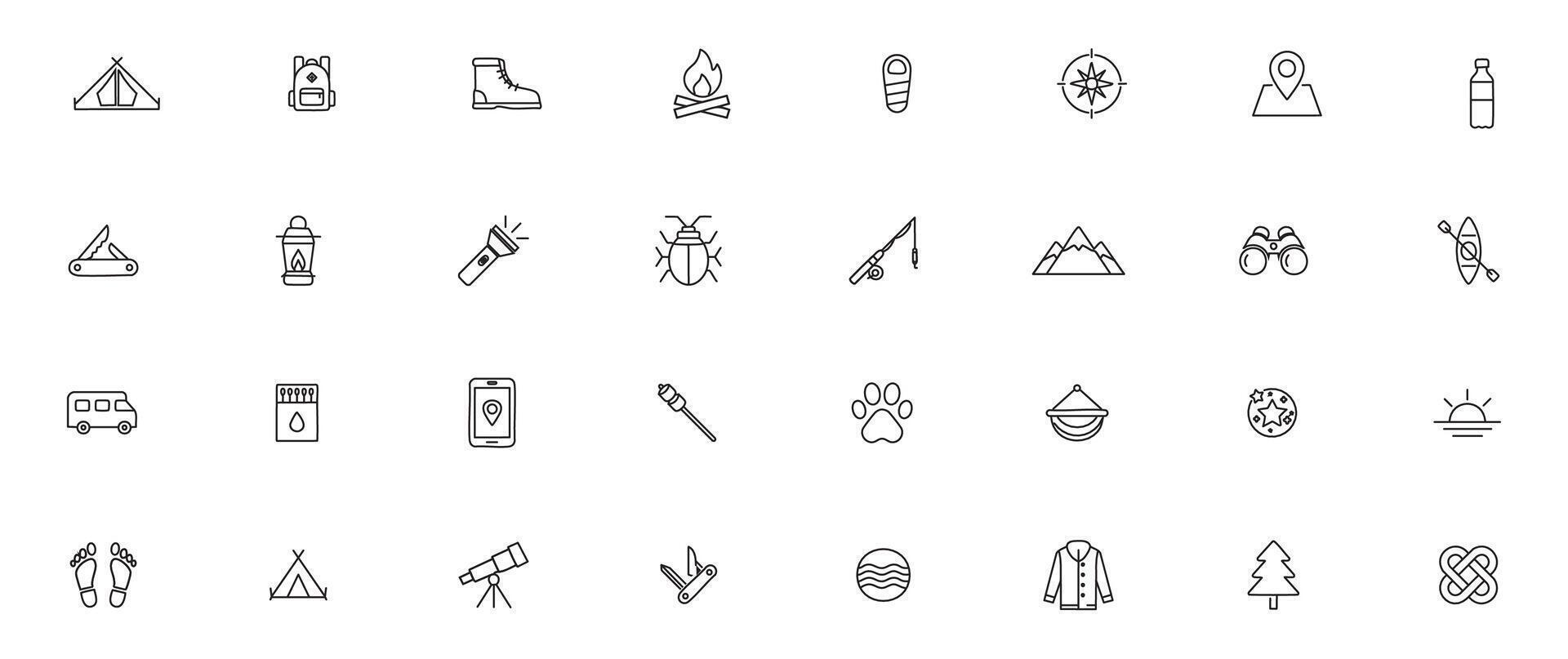 Camping Line Art Icon Set Minimal Outline Icons of Outdoor Adventure, Travel Gear, and Nature Exploration vector