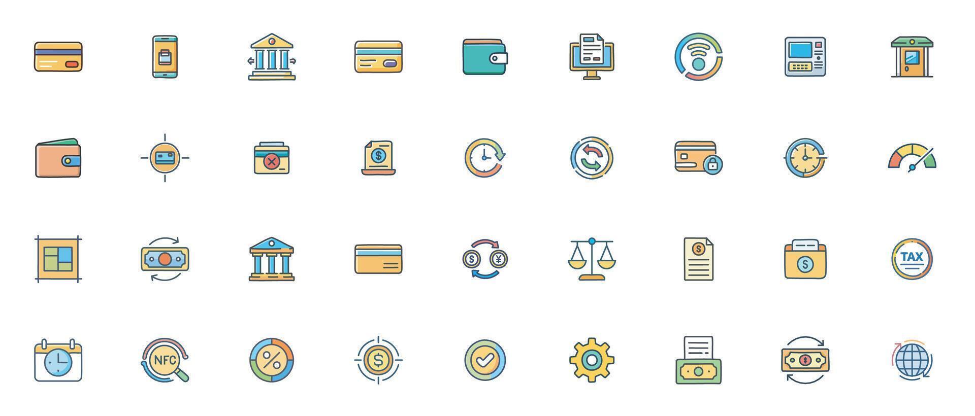 Finance and Payments Flat Color Icon Set Modern Financial and Banking Icons for Digital Transactions and Money Management vector