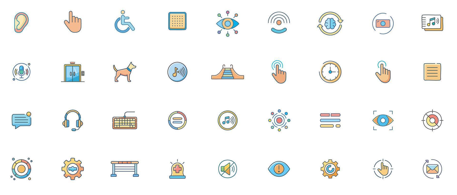Accessibility flat color Icon Set Minimal Outline Icons of Inclusive Design, Assistive Devices, and Universal Access Features vector