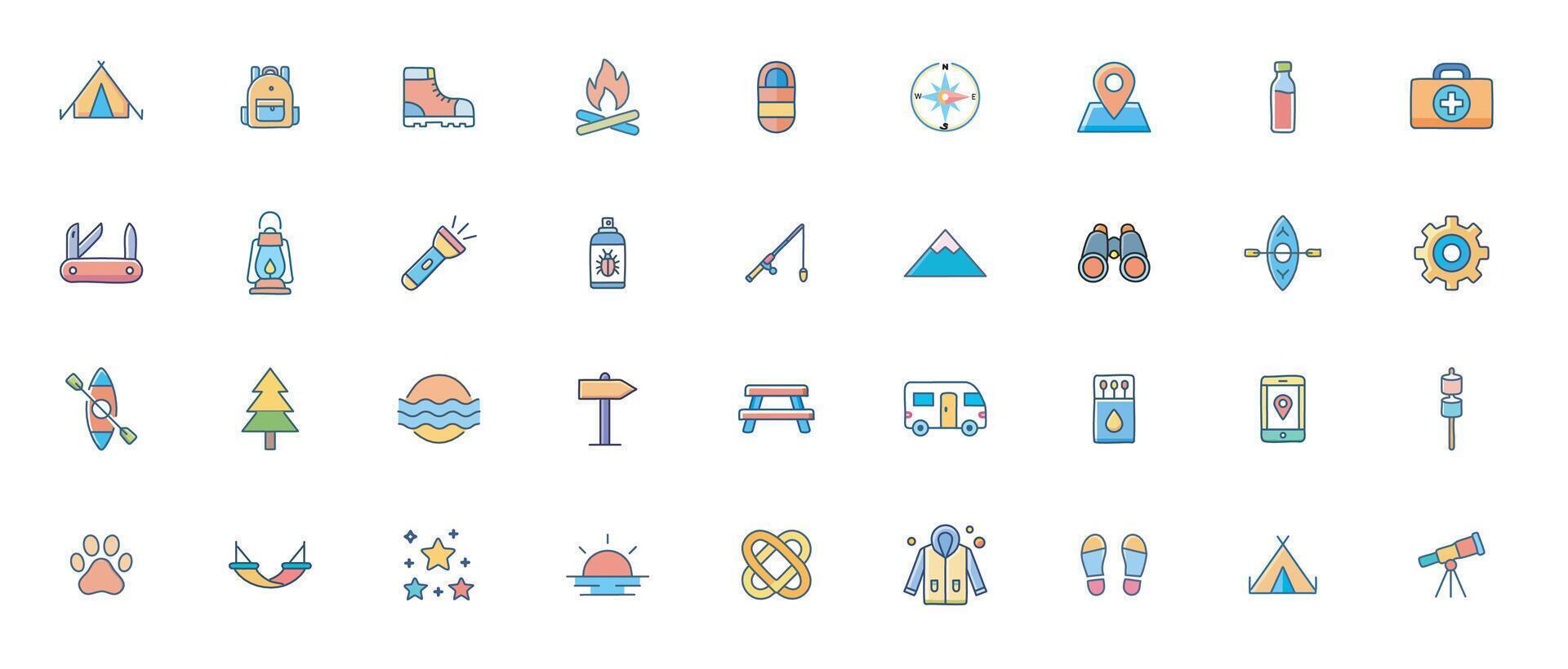 Camping Color Art Icon Set Minimal Outline Icons of Outdoor Adventure, Travel Gear, and Nature vector