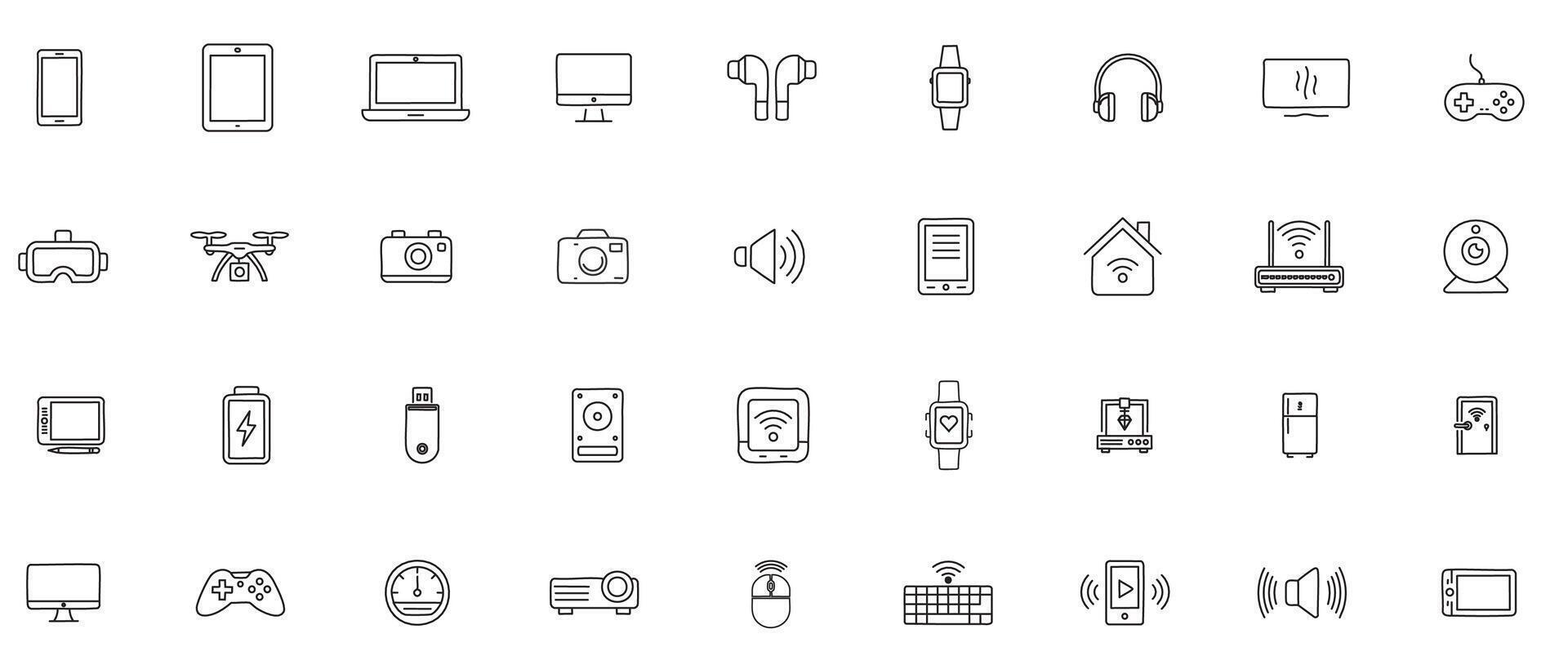 Electronic Device Line Icon Set Minimal Outline Icons of Smart Gadgets, Digital Tools, and Consumer Electronics vector