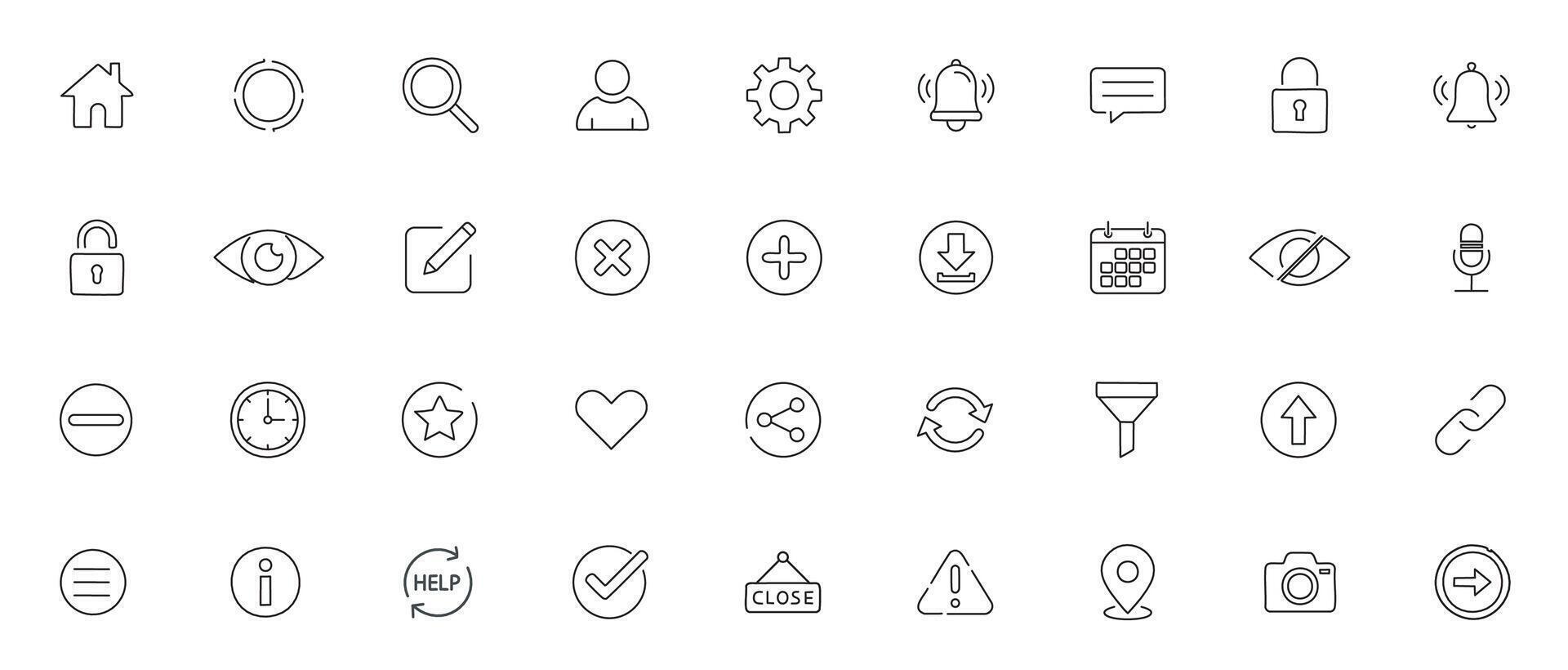 UI Essentials Line Art Icon Set Minimal Outline Icons for User Interface Design and Web Applications vector
