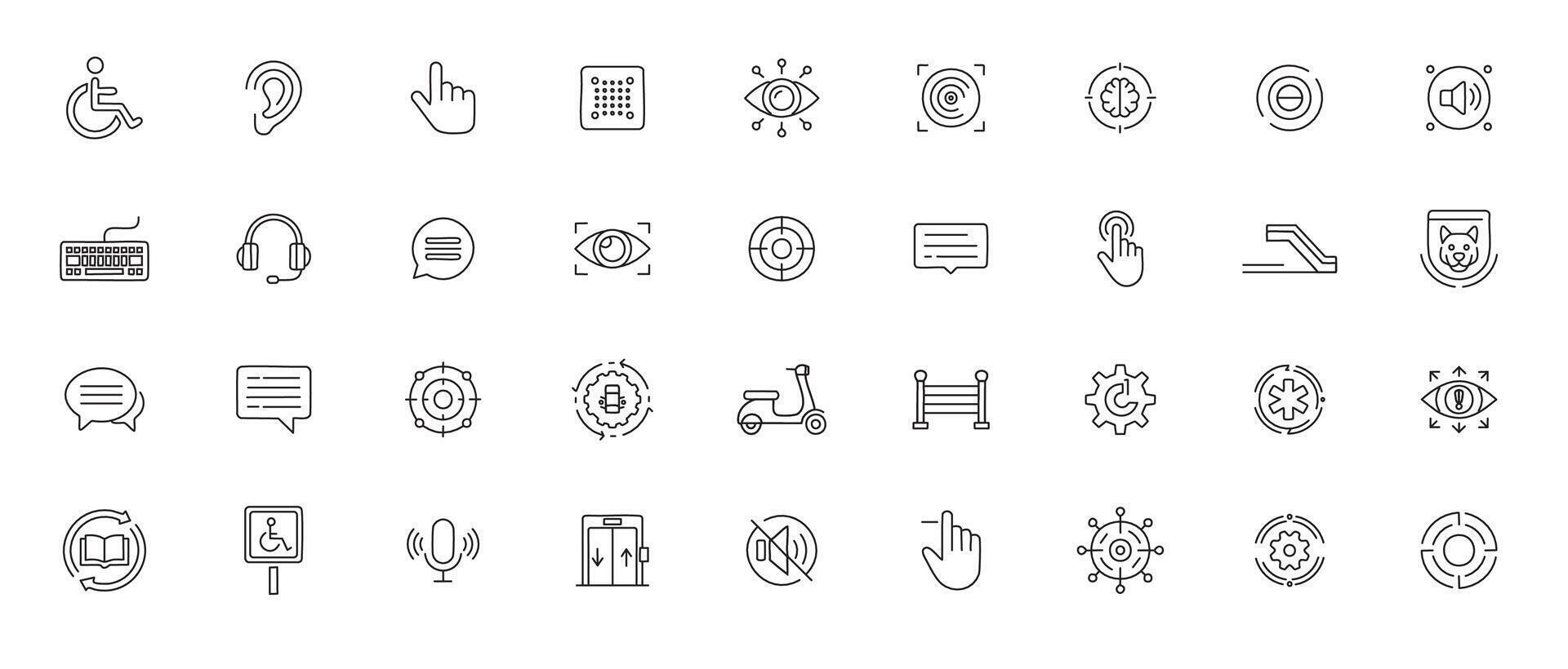 Accessibility Line Icon Set Minimal Outline Icons of Inclusive Design, Assistive Devices, and Universal Access Features vector