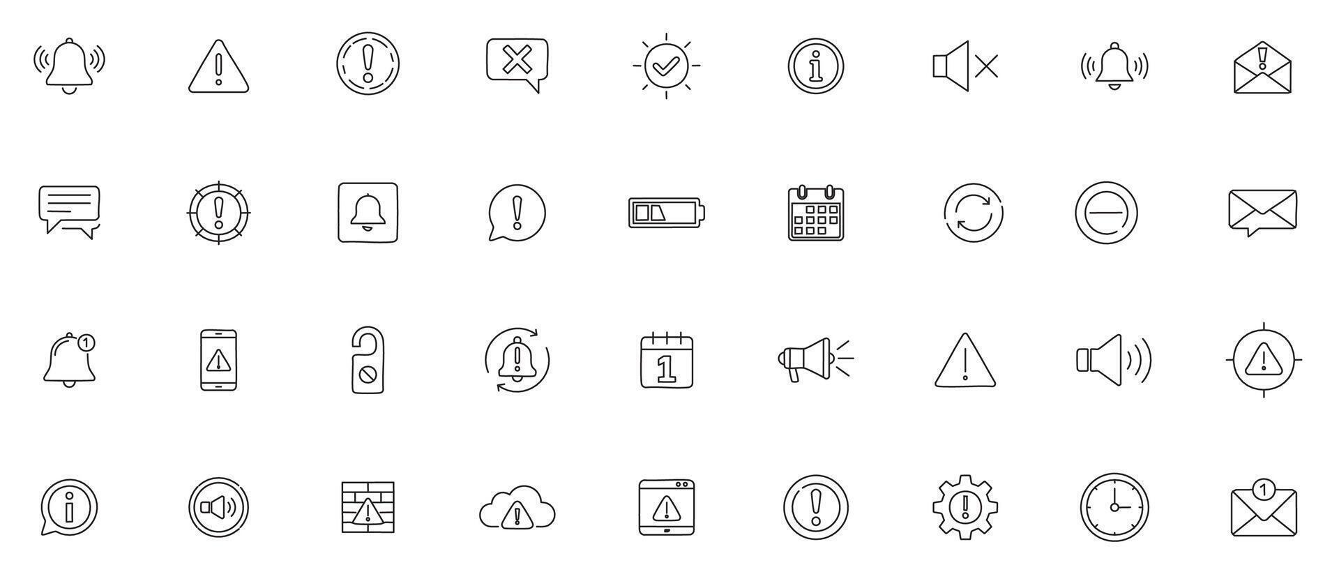 Notification and Alerts Icon Set Minimal Icons of Warnings, Reminders, System Messages, and User Notifications vector