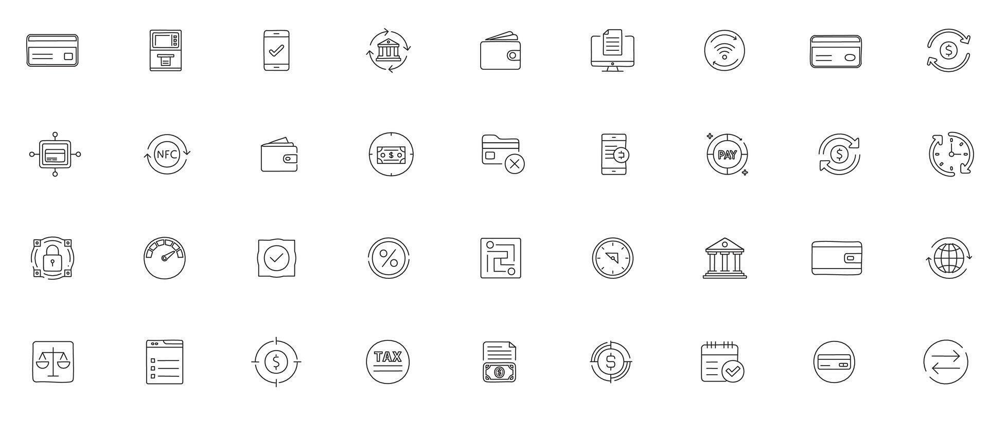 Finance and Payments Line Art Icon Set Minimal Outline Icons of Banking, Digital Transactions, and Financial Services vector