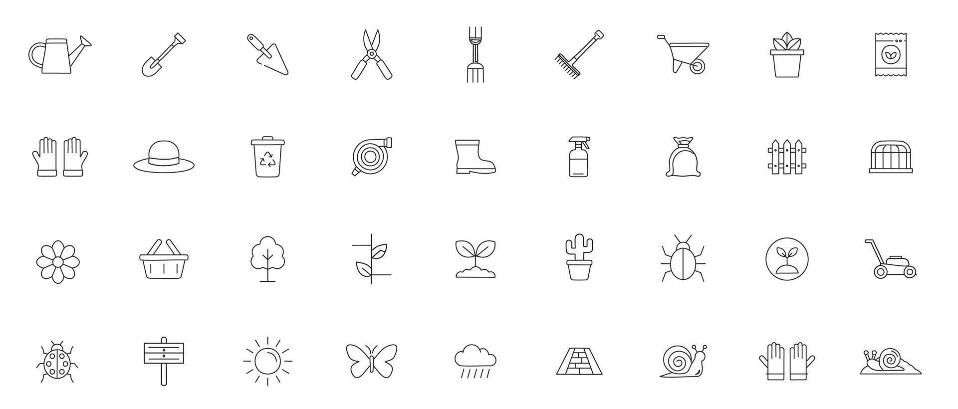 Gardening Line Art Icon Set Minimal Outline Icons of Tools, Plants, and Outdoor Garden Elements vector
